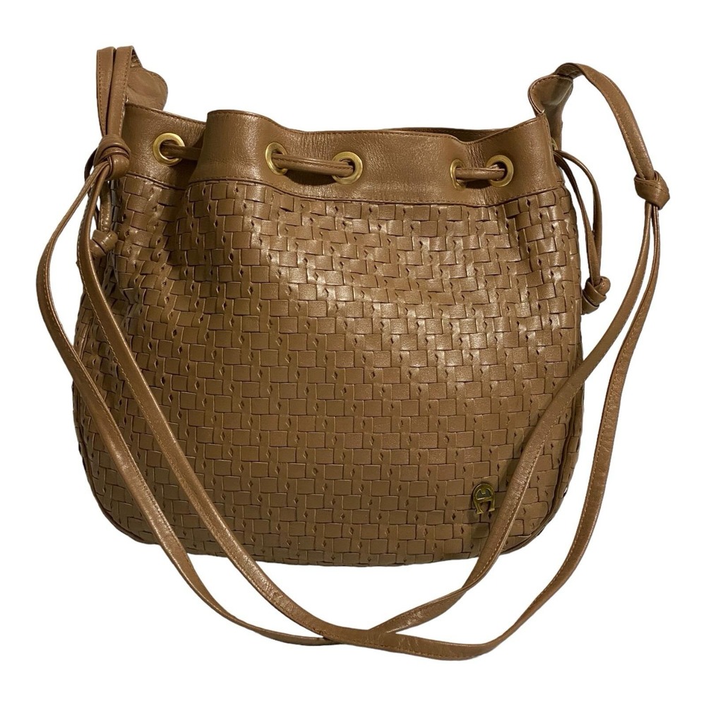 Etinne Aigner Women's Drawstring Weave Shoulder Bag Purse Taupe Brown VTG *READ*